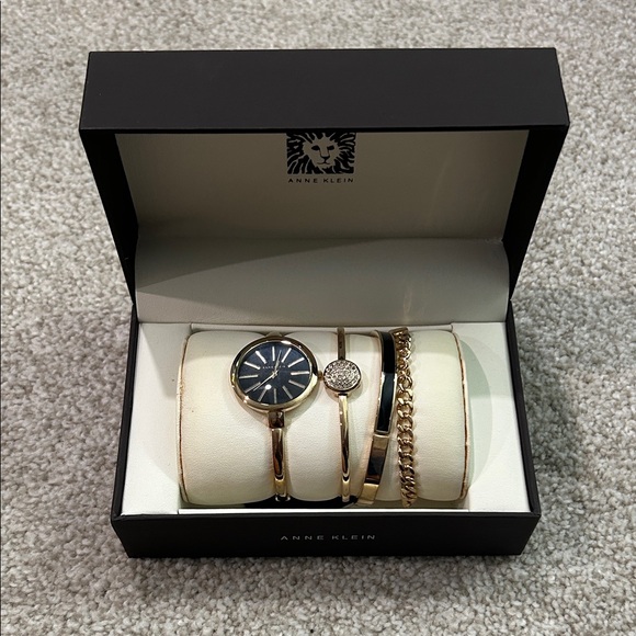 Anne Klein Gold and Black Watch with Bracelet Set - Picture 1 of 4